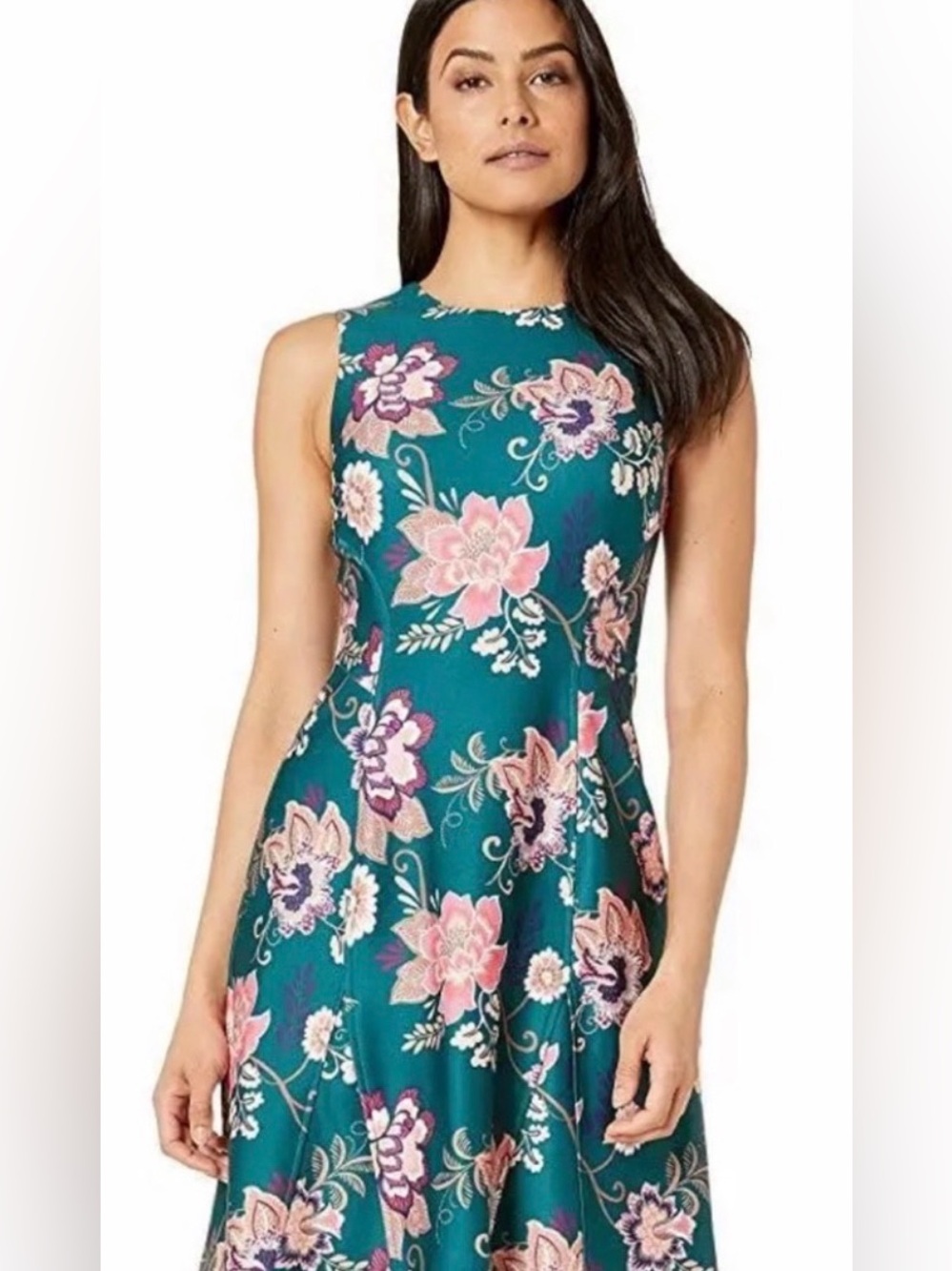 Vince Camuto Teal Floral Sleeveless Fit-and-Flare Dress